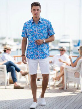 Projek Raw Flamingo Shirt Men's Blue Tropical Button Up Short Sleeve